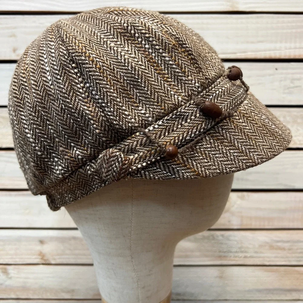 Vintage Brown Herringbone Wool Blend Newsboy Cap Flower Bead Detail OS